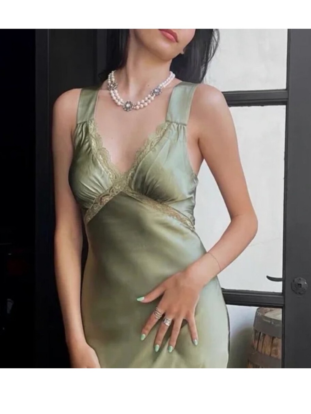 Reformation Olive Satin Lace-Trim Wedding Guest Dress - Picture 4 of 4